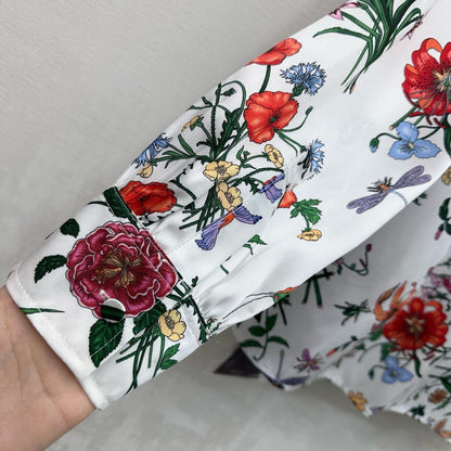 GG SS26 Flora Printed Collared Shirt White Multicolor Silk 351788