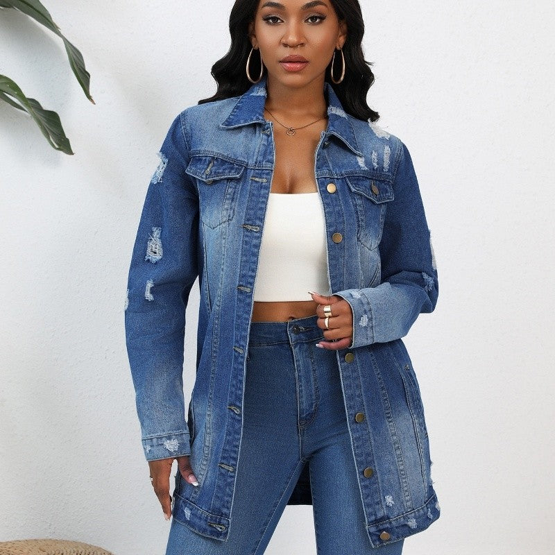 Long Denim Coat Cotton Classic Lapel Outerwear
