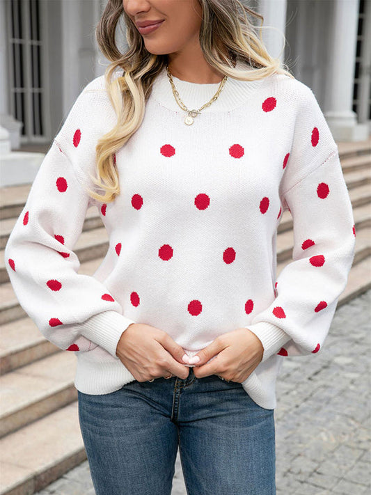 Long Sleeves Loose Polka-Dot Knitwear Pullovers Sweater Tops