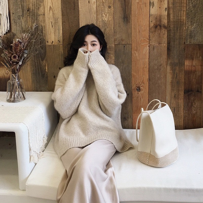 Solid Color Loose Fit Mohair Sweater