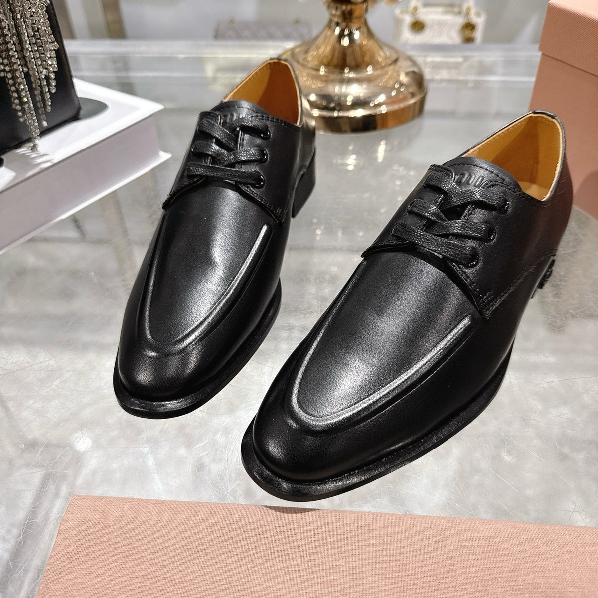 Miu Distressed Loafers Black Cowhide 592056