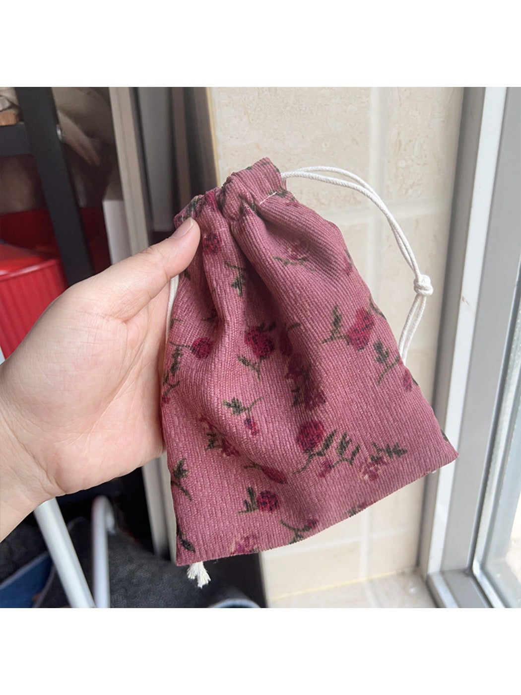 Cosbai - Corduroy Drawstring Pouch &amp; Coin Purse with Floral Patterns
