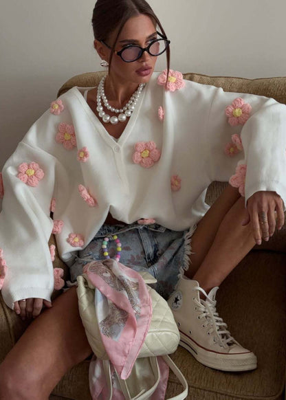 3D Floral Knit Cardigan With V Neck