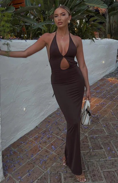 Set It Straight Halter Maxi Dress Chocolate