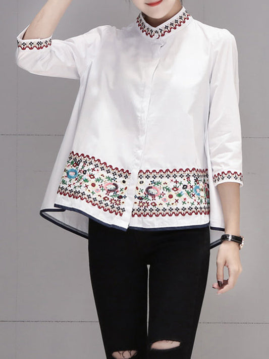 High-Low Loose Embroidered Multi-Colored Blouses&Shirts Tops