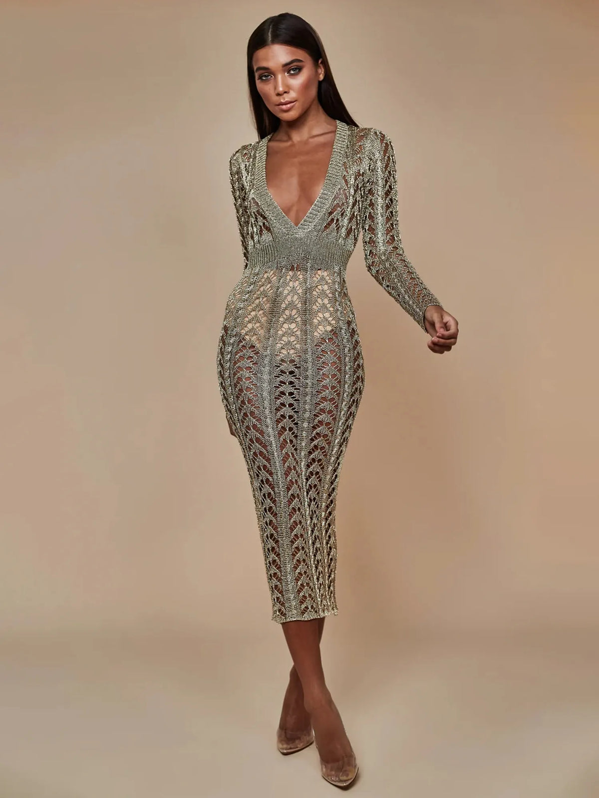 Aurelia Crochet Plunge Midi Dress