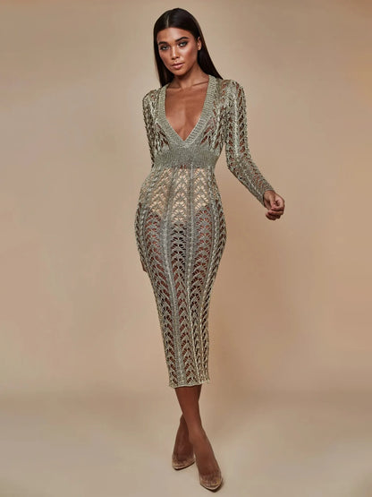 Aurelia Crochet Plunge Midi Dress