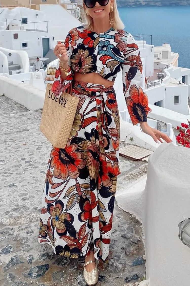 Vacay Mode Hollow Lace Unique Print Bell Sleeve Crop Top and Tie-up Maxi Skirt Set