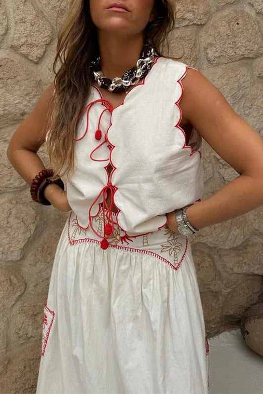 Sunny Day Linen Blend Contrast Embroidered Print Scallop Trim Lace-up Top