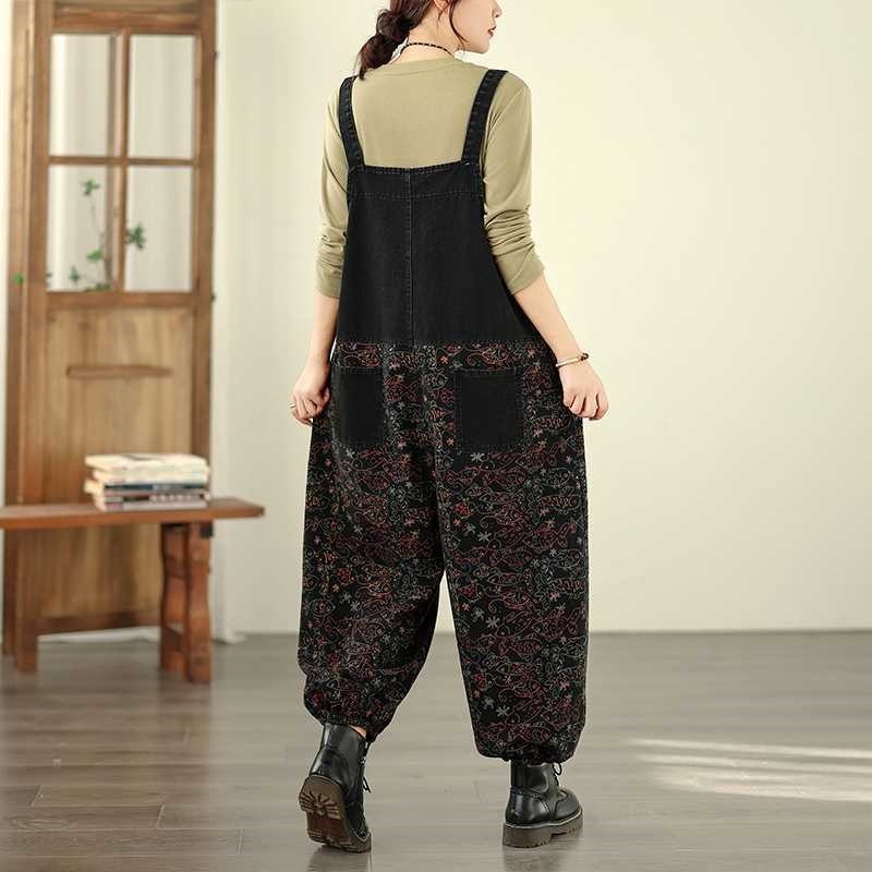Printed Loose Denim Overalls