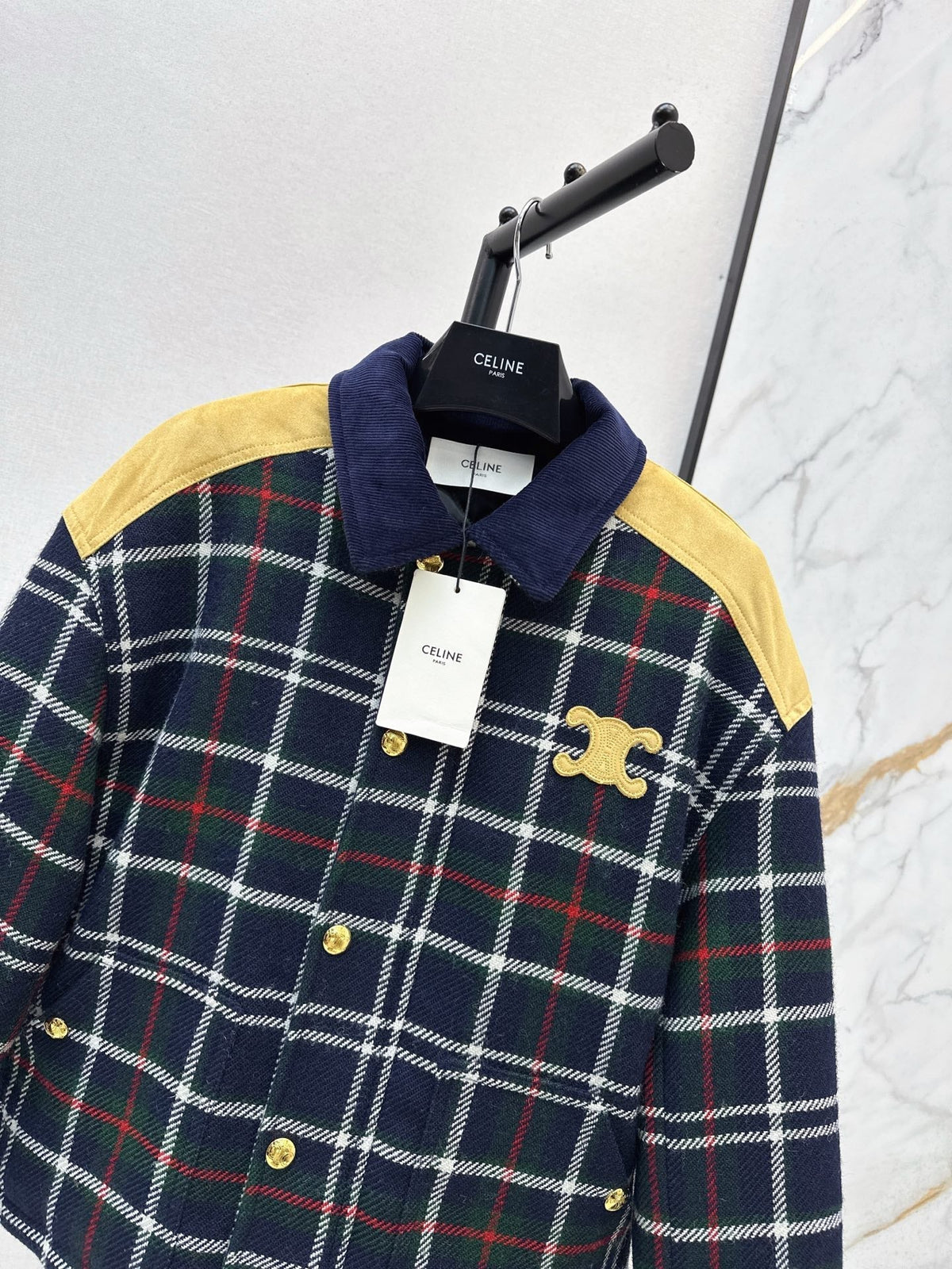 Celine Blouson Triomphe Bomber Jacket Blue Wool and Suede