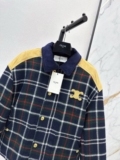 Celine Blouson Triomphe Bomber Jacket Blue Wool and Suede
