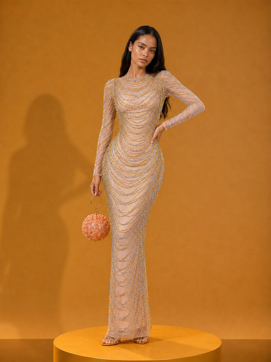 Jessamine Long-Sleeve Maxi Dress with Rhinestone Chain Embellishment