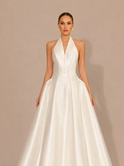 Rhiannon Elegant Satin Halter-Neck Open-Back Maxi Dress