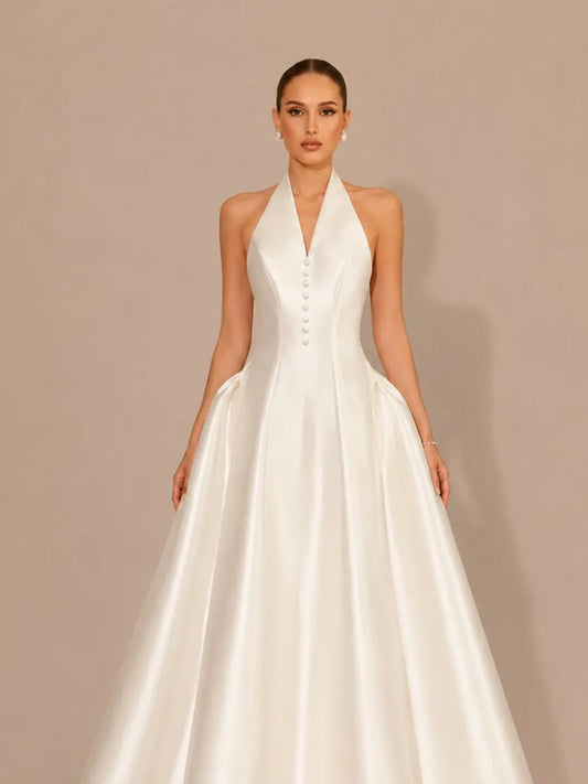Rhiannon Elegant Satin Halter-Neck Open-Back Maxi Dress