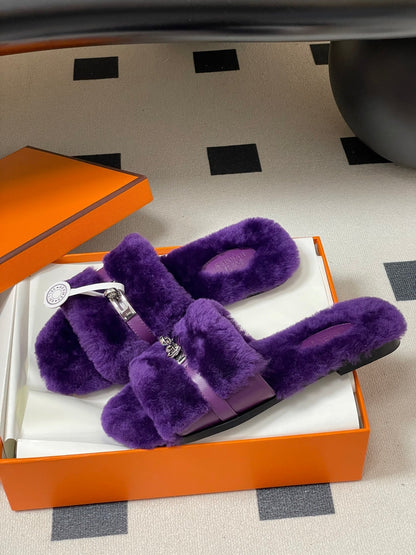 Hermes Giulia Kelly Buckle H-Slippers Purple in Wool 594326