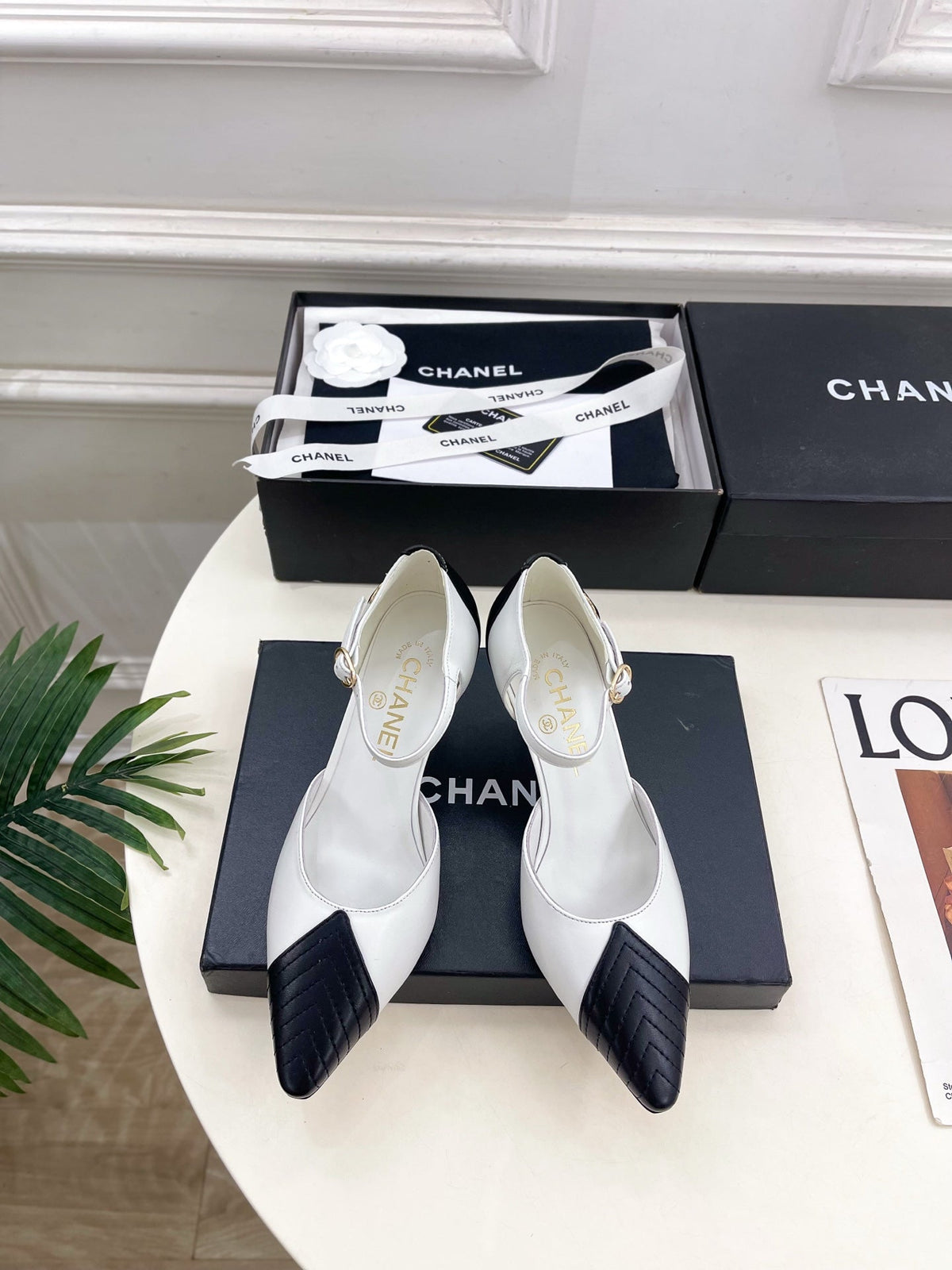 CC 26 SS Double C Slingback 7.5cm Black White Calfskin 586935