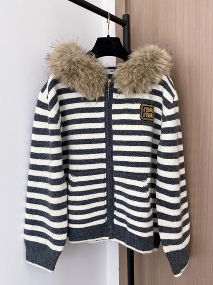 Miumiu 2025 Fur Hoodie Stripe Jacket Wool