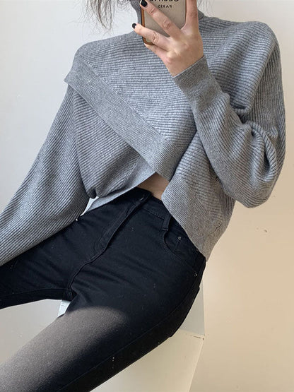 Stylish 4 Colors Knitting High-Neck Asymmetric Split-Front Sweater