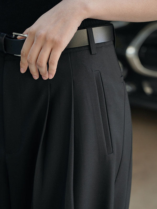 High Waisted Loose Pleated Solid Color Split-Joint Casual Pants Bottoms Trousers