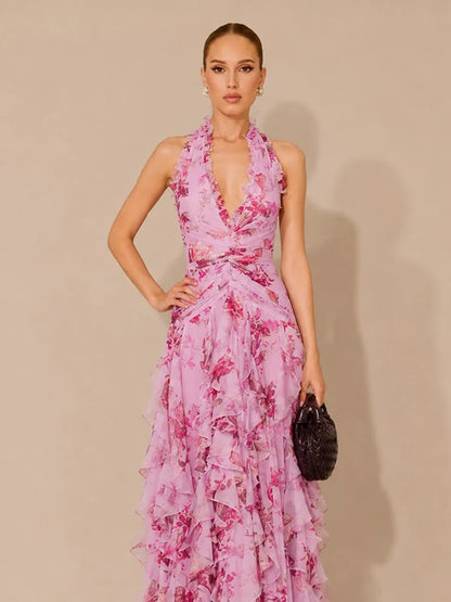 Katya Floral Print Asymmetrical Halter Maxi Dress with Tiered Ruffles