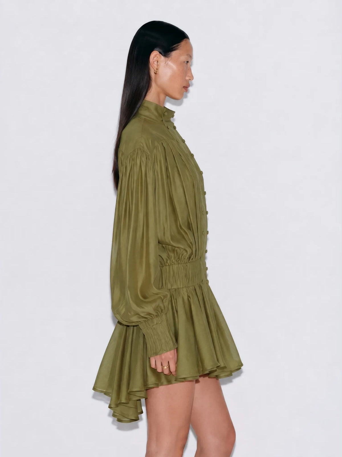 Bellatrix Stand-Collar Gathered Lantern-Sleeve Mini Dress