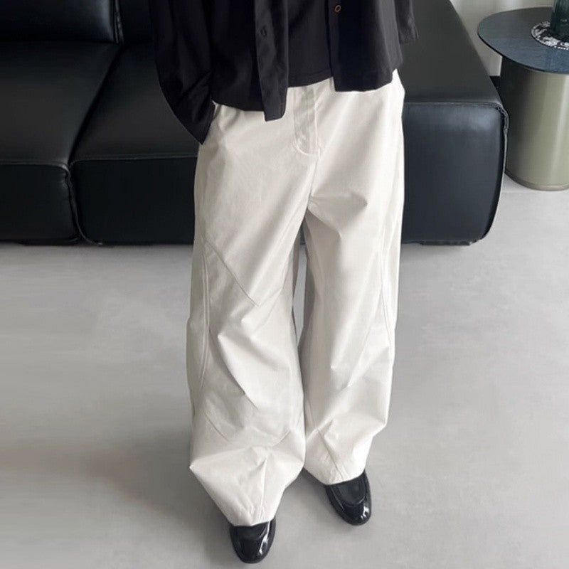Pleated Curved Hem Wide-Leg Pants Unisex Loose Fit Style