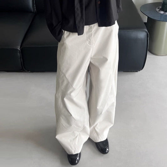 Pleated Curved Hem Wide-Leg Pants Unisex Loose Fit Style
