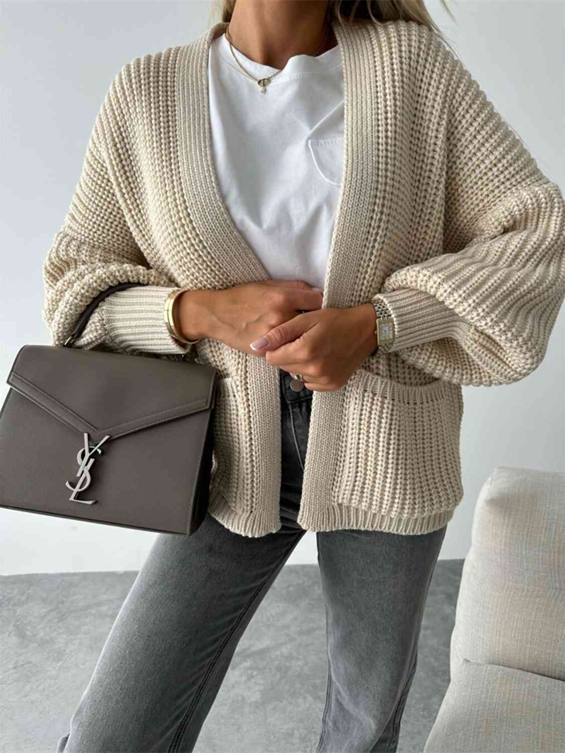 Solid Color V-neck Long-sleeved Casual Knitted Cardigan