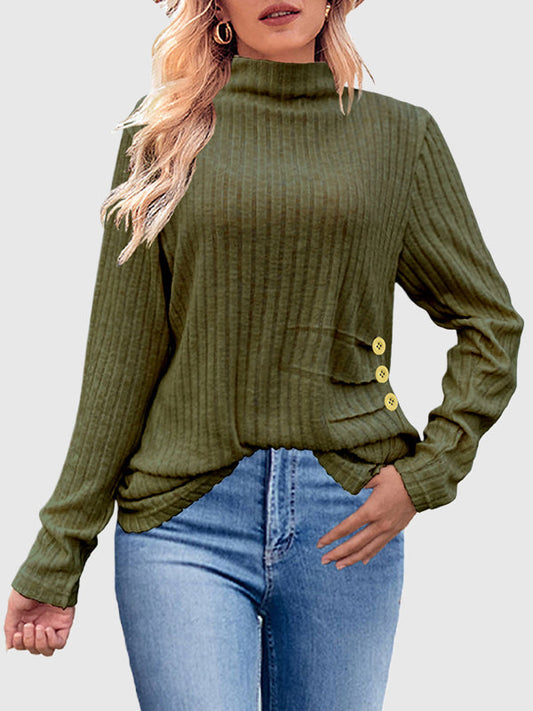 Long Sleeves Loose Buttoned Pleated Solid Color High Neck Pullovers Sweater Tops