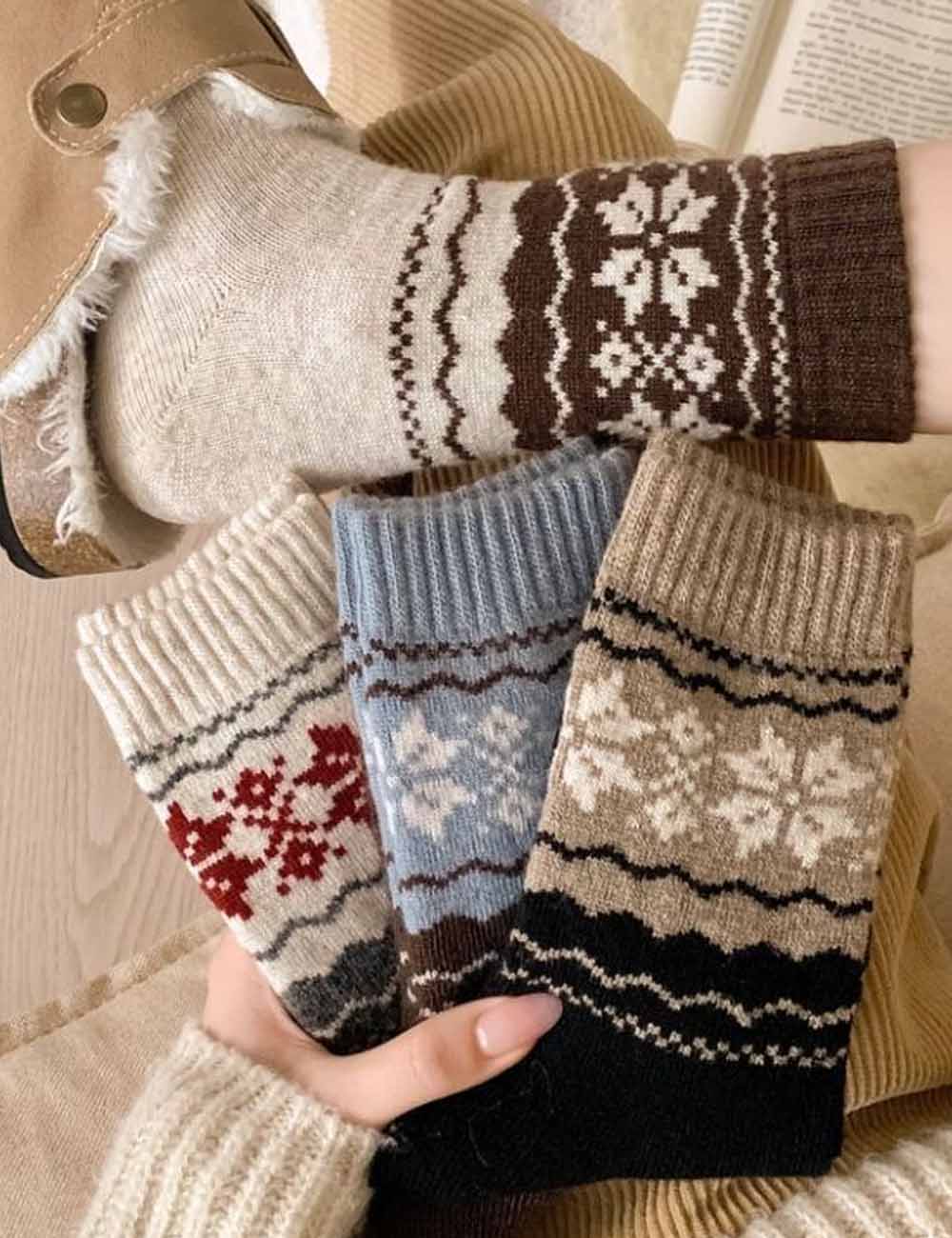 Retro Fair Isle Knit Thermal Crew Socks