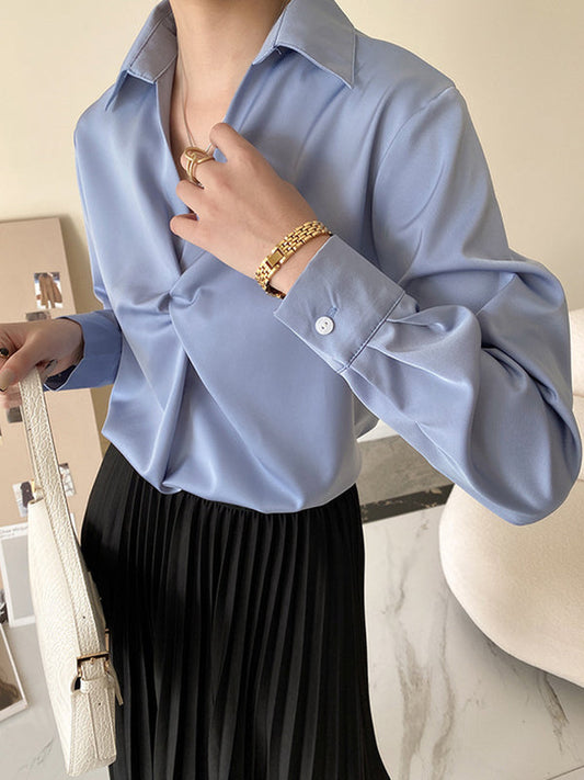 Long Sleeves Knot Pleated Solid Color Split-Joint Lapel Blouses&Shirts Tops