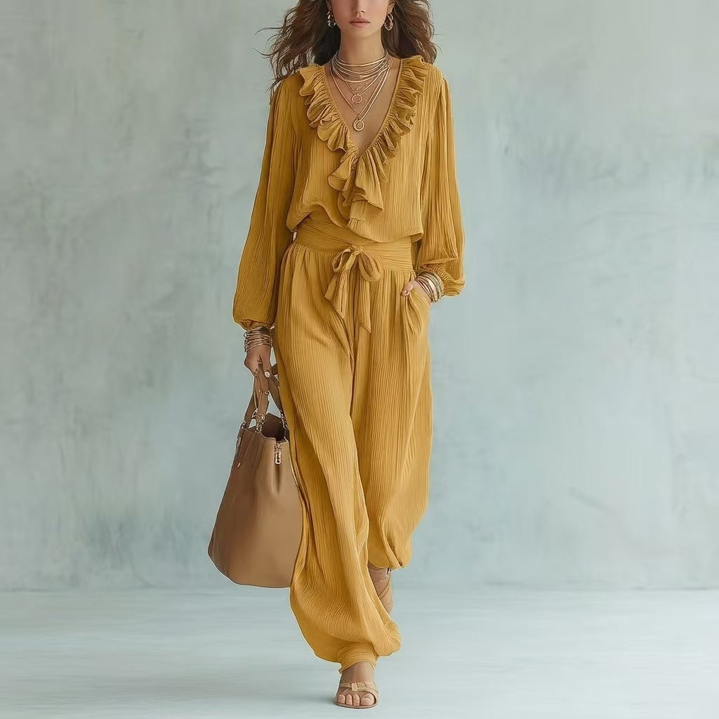 Ruffle V-Neck Long Sleeve Top & Tie Waist Wide Leg Pants Two Piece Set