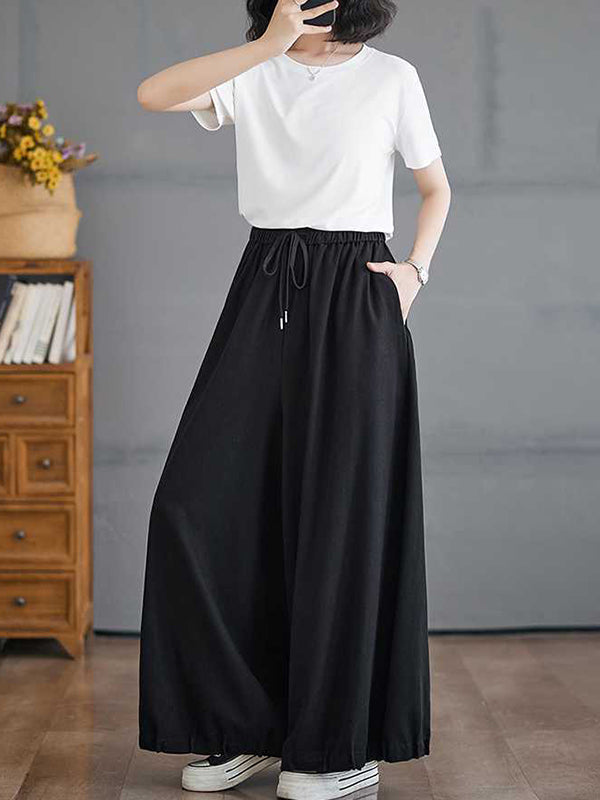 High Waisted Loose Drawstring Elasticity Pleated Pockets Culotte Knickerbockers
