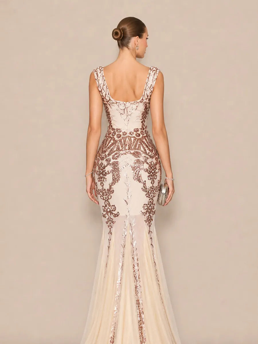 Alora Glamorous Contour V Neck Sequin Pattern Maxi Dress