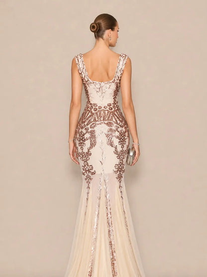 Alora Glamorous Contour V Neck Sequin Pattern Maxi Dress