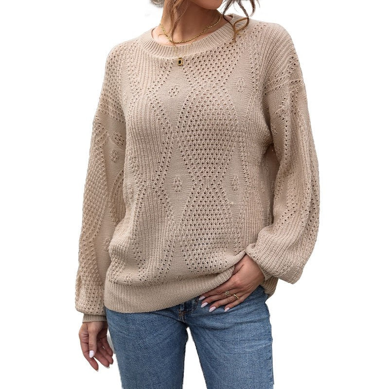Loose Solid Color Long Sleeve Hollow Crew Neck Sweater