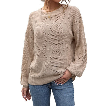 Loose Solid Color Long Sleeve Hollow Crew Neck Sweater