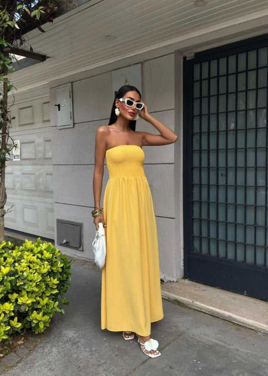 Strapless Smocked Polyester Maxi Dress Yellow