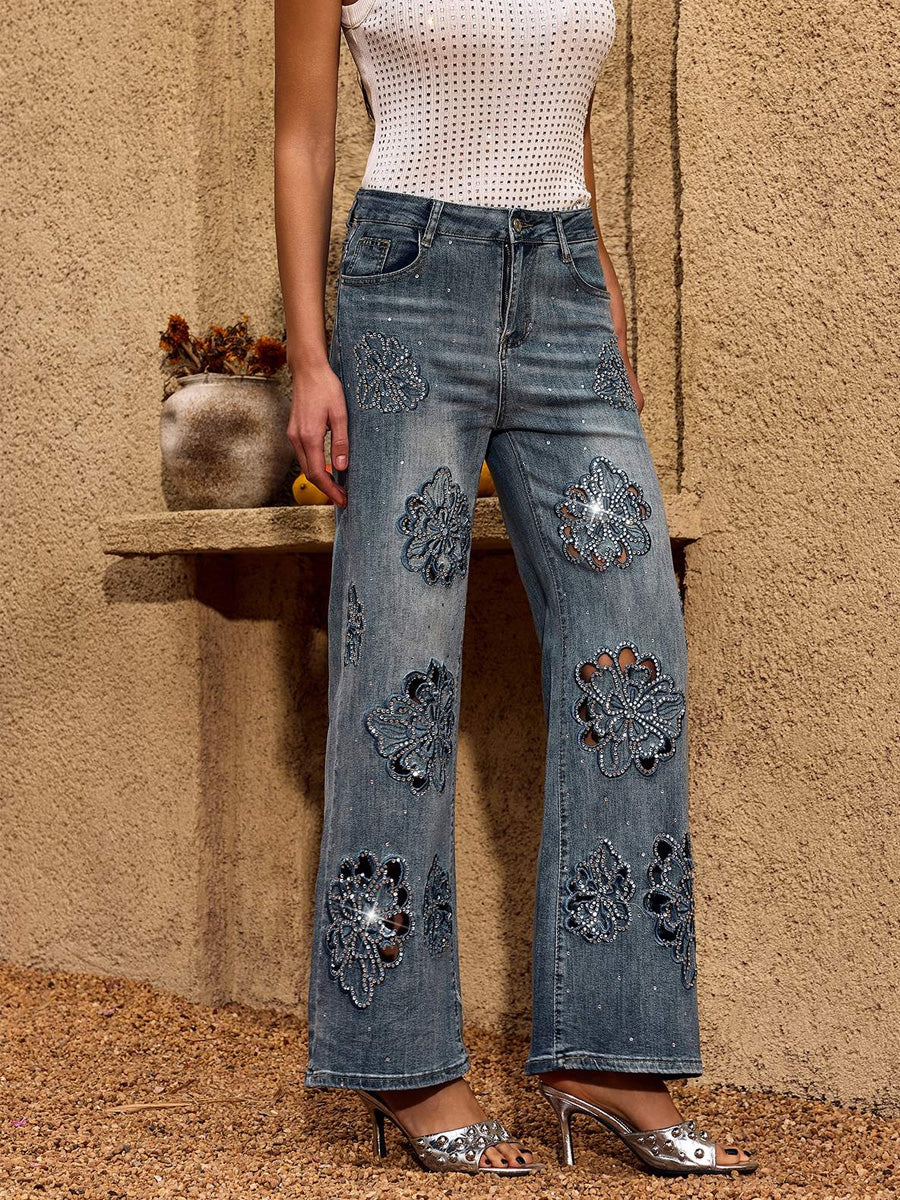 Lavinia Flower Rhinestone Straight Jeans