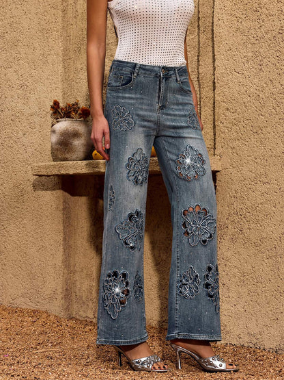 Lavinia Flower Rhinestone Straight Jeans