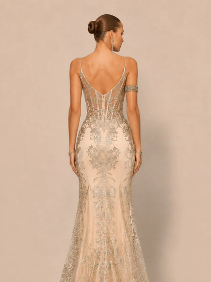 Jasmine Elegant Contour V Neck Sequin Maxi Dress