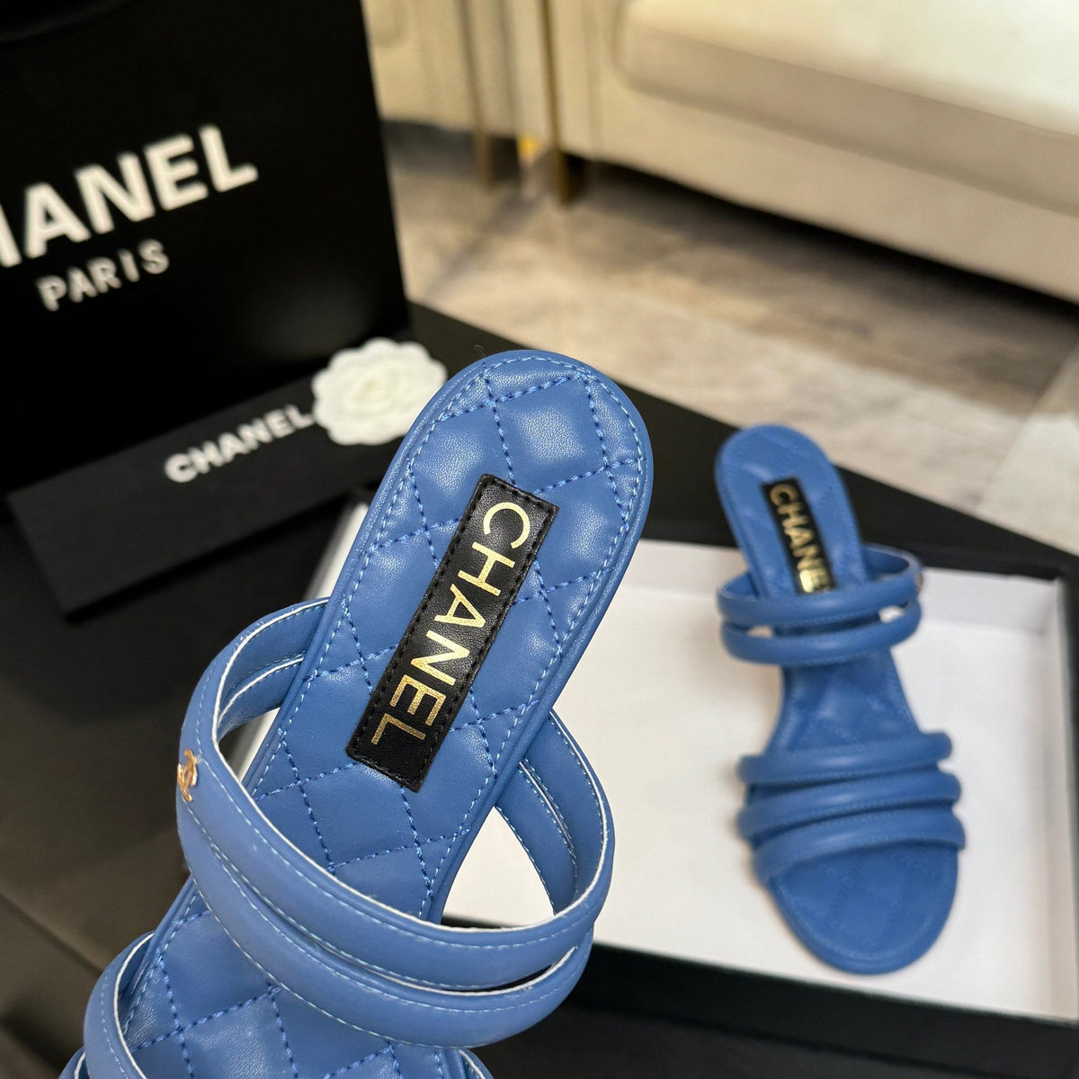 CC 26C Double C Strap Sandals Blue Sheepskin