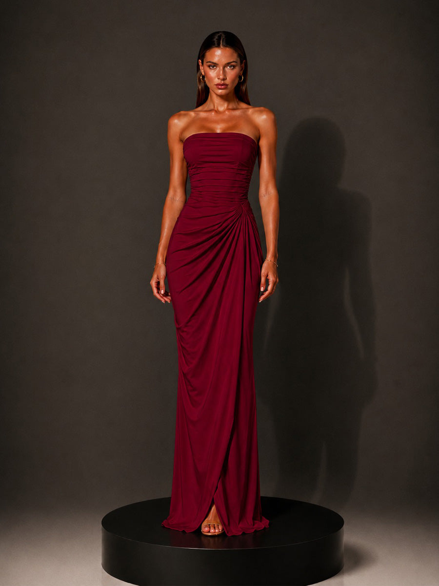 Isabella Strapless Ruched Bodycon Maxi Dress In Red