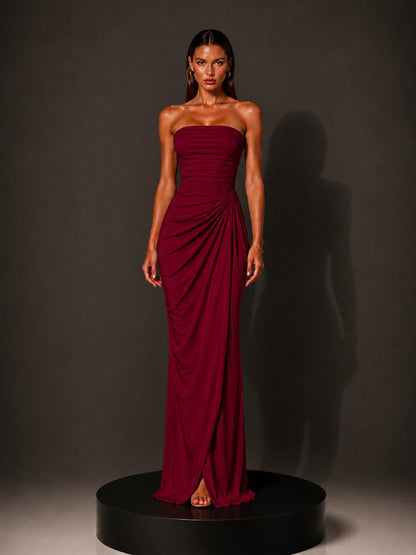 Isabella Strapless Ruched Bodycon Maxi Dress In Red