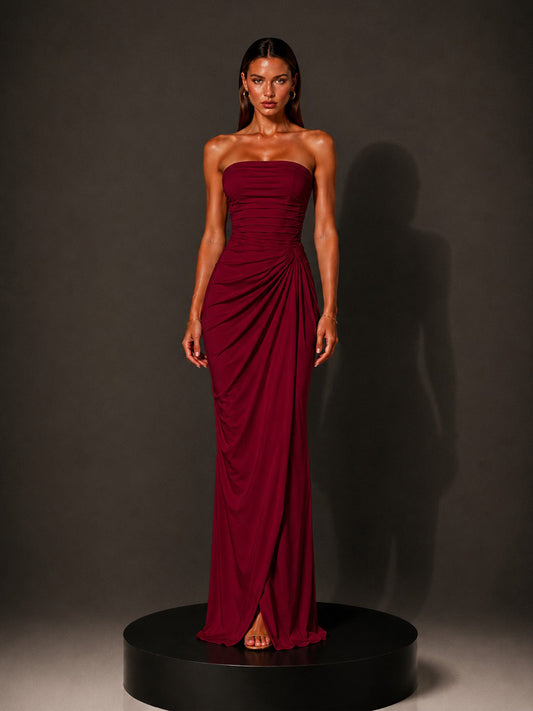 Isabella Strapless Ruched Bodycon Maxi Dress In Red