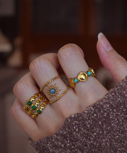 Boho Gold Sterling Silver Overgild Turquoise Gem Stone Ring Three Piece Set Ring