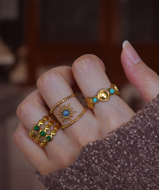 Boho Gold Sterling Silver Overgild Turquoise Gem Stone Ring Three Piece Set Ring