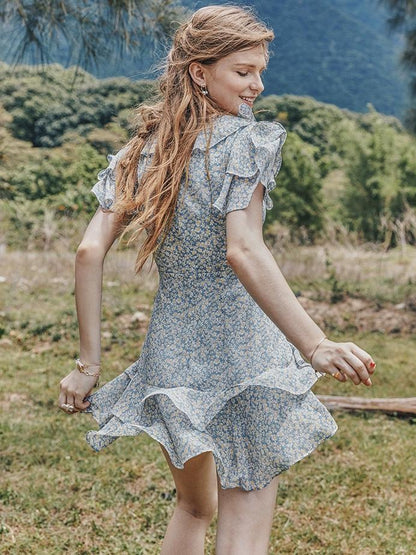 Summer Women'S Pastoral Floral Lotus Leaf Collar Waist Slimming Dress