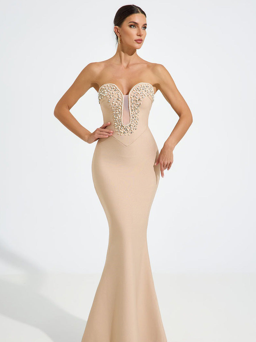 Ava Embellished Nude Mermaid Maxi Dress
